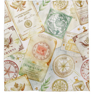 Rideaux De Douche Motif de tampon de voyage du monde vintage (7)