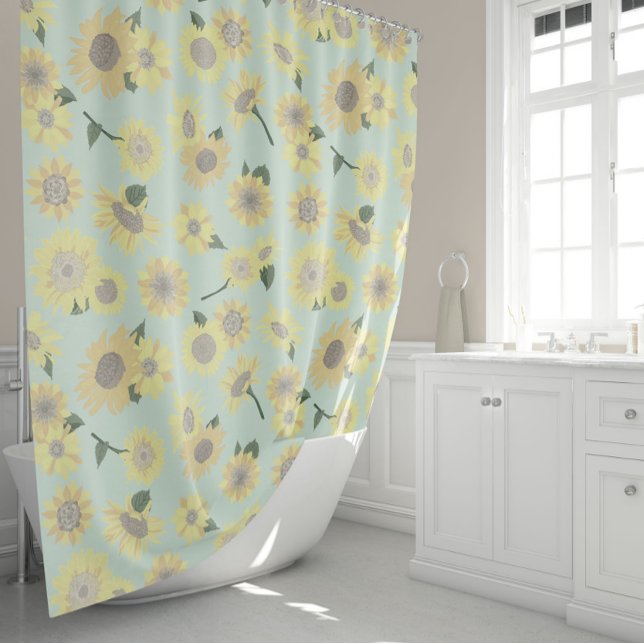 Rideaux De Douche Motif de tournesol bleu blanc (Sunflower Pattern Whimsical Yellow Blue Shower Curtain from Allison Steffen for Studio Posies.)