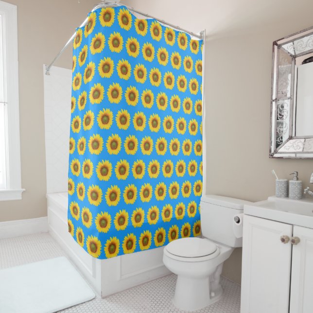 Rideaux De Douche Motif de tournesol brillant sur bleu (En situation)
