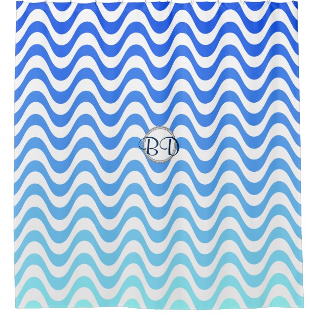 Rideaux De Douche Motif de vague bleu monogramme (Devant)