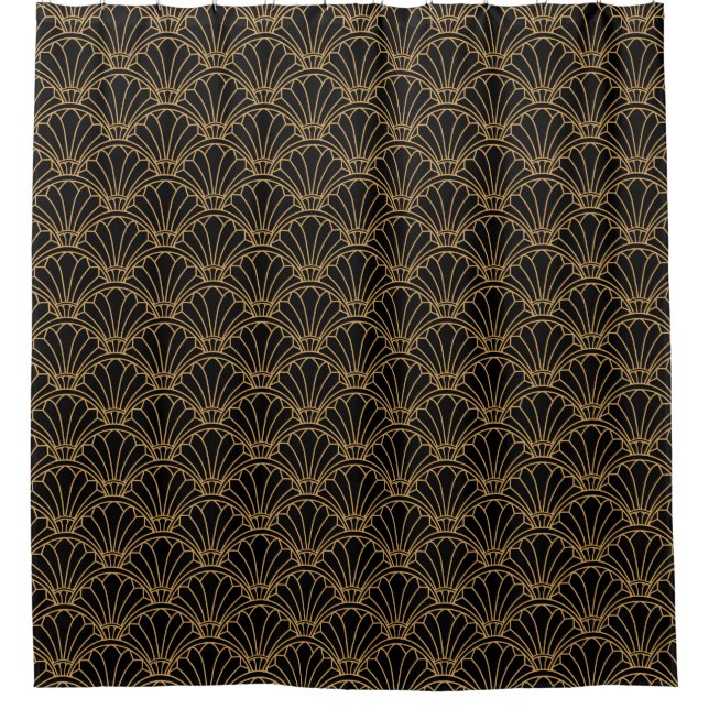 Rideaux De Douche Motif de ventilateur Art déco noir et or (Devant)