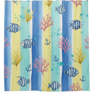 Rideaux De Douche Motif de vie marine côtière coloré (10)