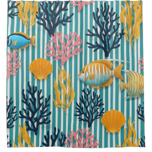 Rideaux De Douche Motif de vie marine côtière coloré (12)
