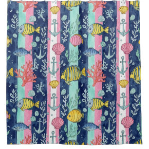Rideaux De Douche Motif de vie marine côtière coloré (2)