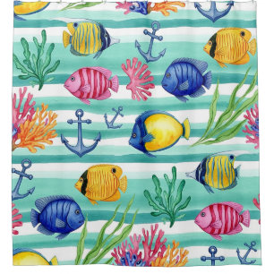 Rideaux De Douche Motif de vie marine côtière coloré (5)