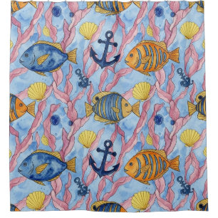 Rideaux De Douche Motif de vie marine côtière coloré (9)