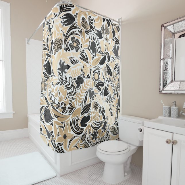 Rideaux De Douche Motif d'illustration de Feuilles floraux noirs d'o (En situation)