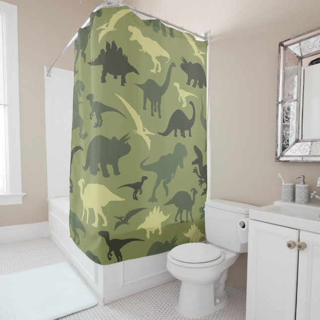 Rideaux De Douche Motif Dinosaure, Silhouette Dinosaure, Dino Vert (En situation)