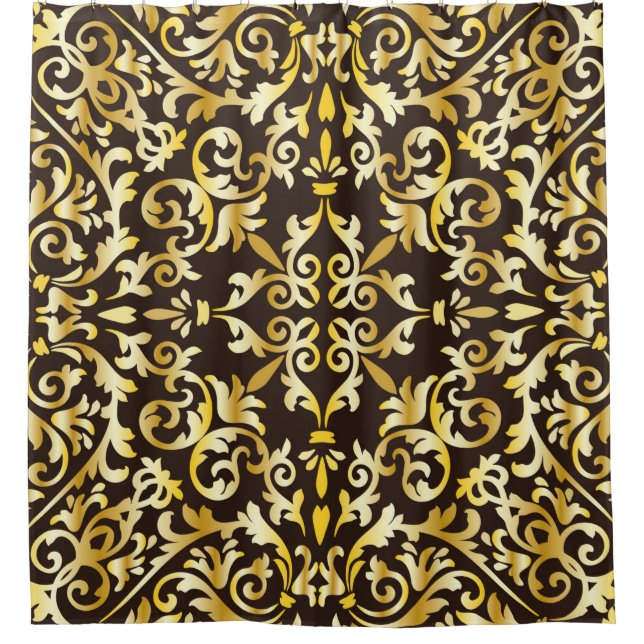 Rideaux De Douche Motif doré baroque sans couture sur fond noir (Devant)