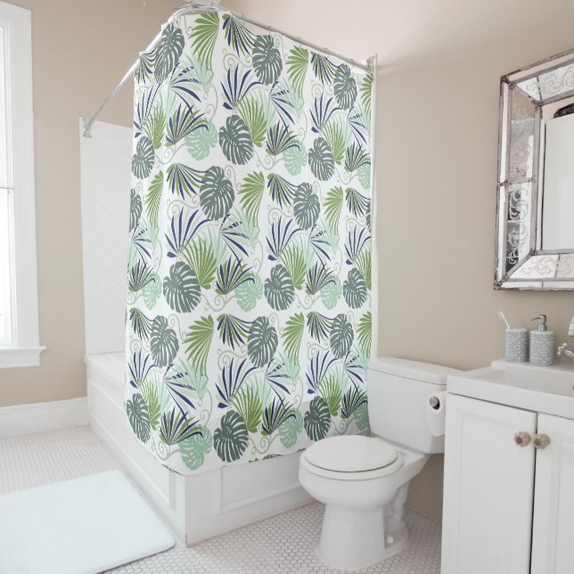 Rideaux De Douche Motif en feuille de palme moderne vert tropical (En situation)