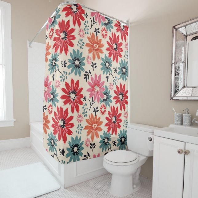 Rideaux De Douche Motif Fleur Rétro Rouge Orange Bleu (En situation)