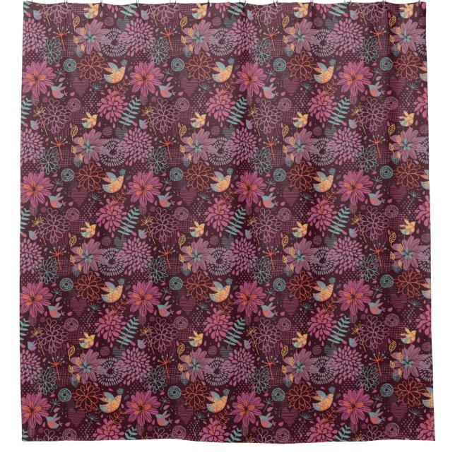 Rideaux De Douche Motif floral abstrait avec des oiseaux (Devant)