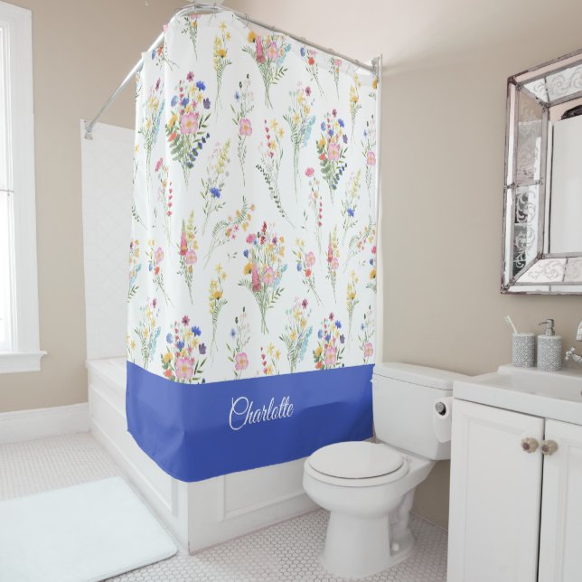 Rideaux De Douche Motif floral aquarelle de fleurs sauvages (En situation)