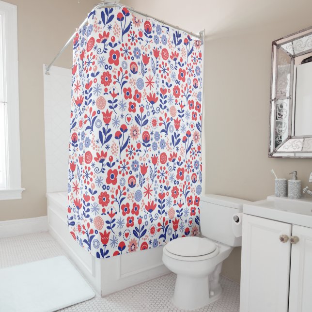 Rideaux De Douche Motif floral bleu et de corail (En situation)