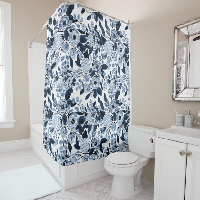 Rideaux De Douche Motif floral bleu marine Pastel (En situation)