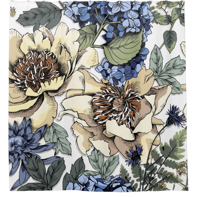 Rideaux De Douche Motif floral incomparable. Hydrangea, Peony, wildf (Devant)