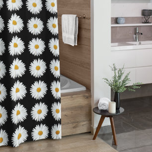 Rideaux De Douche Motif floral marguerrier blanc sur noir