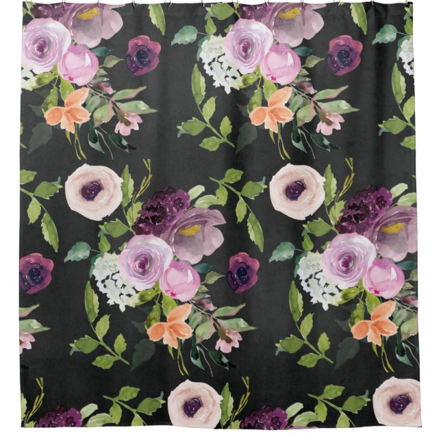 Rideaux De Douche Motif floral mauve et Lilac sur noir (Devant)