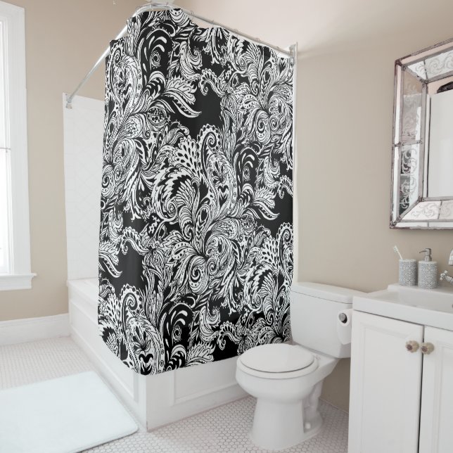 Rideaux De Douche Motif floral moderne noir et blanc de Paisley (En situation)