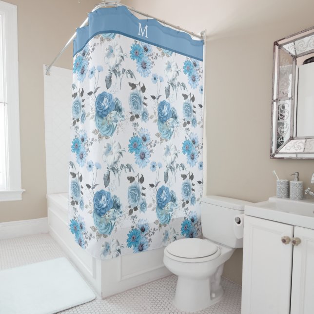 Rideaux De Douche Motif floral Monogramme de bordure bleue (En situation)