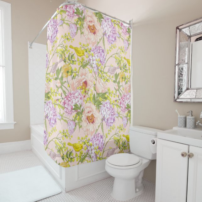 Rideaux De Douche Motif Floral Peony Mimosa Hydrangea Oiseaux Rose (En situation)