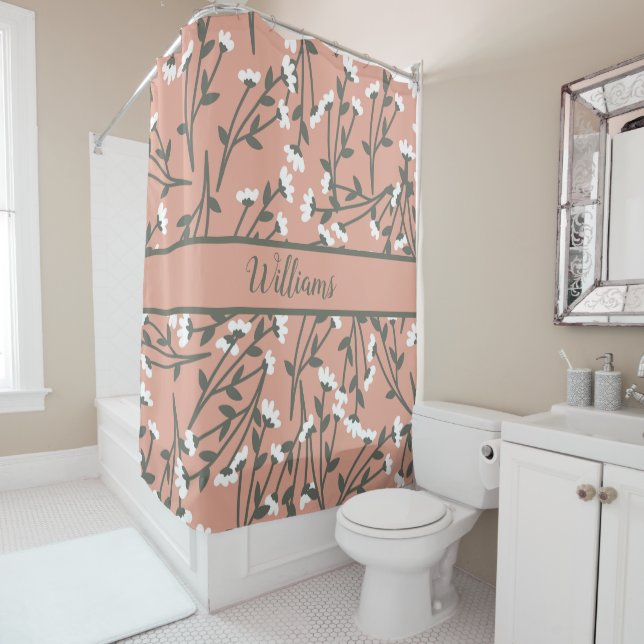Rideaux De Douche Motif Floral rose et vert monogramme (En situation)