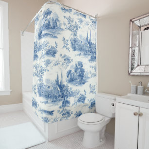 Rideaux De Douche Motif floral toile de Jouy bleue vintage