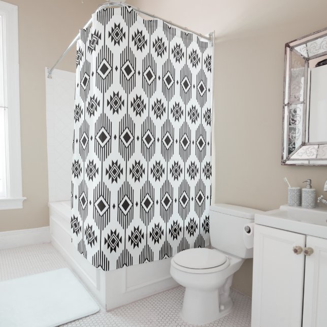 Rideaux De Douche Motif géométrique ikat noir et blanc (En situation)
