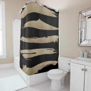 Rideaux De Douche motif géométrique preppy bandes noir et or