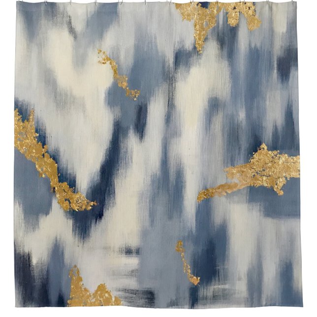 Rideaux De Douche Motif Ikat Abstrait bleu et or (Devant)