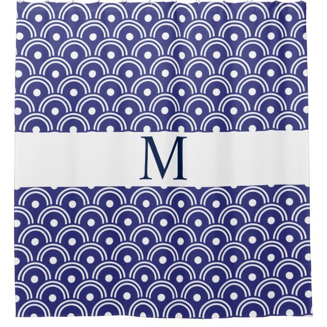 Rideaux De Douche Motif japonais bleu marine Monogramme (Devant)