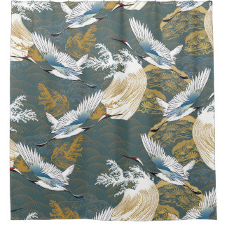 Rideaux De Douche Motif japonais Vintage Crane Birds