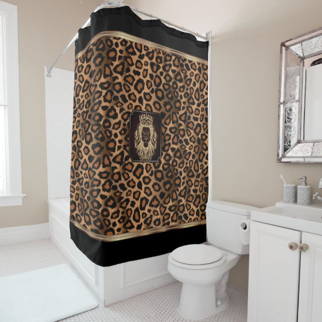 Rideaux De Douche Motif Léopard Brown et noir avec tête de lion (En situation)