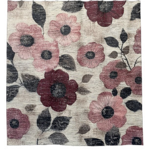 Rideaux De Douche Motif lin floral rose rustique (7)