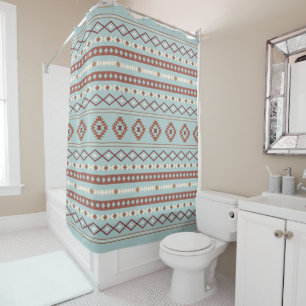 Rideaux De Douche Motif mixte aztèque à motif rustique crème bleu