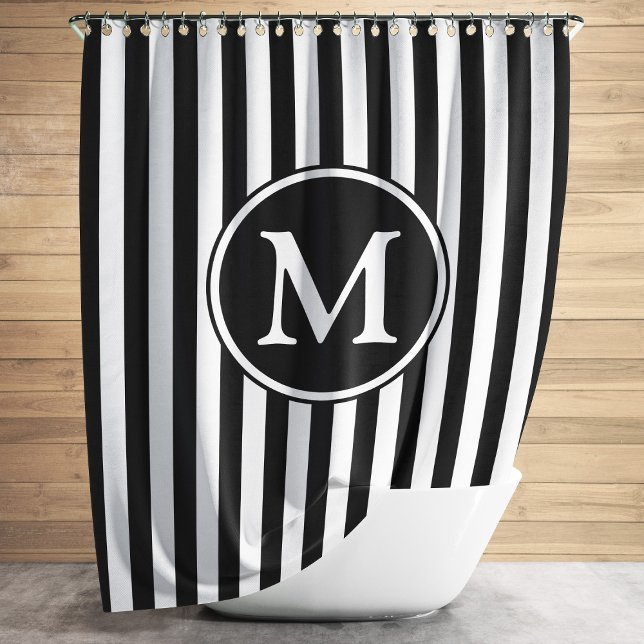 Rideaux De Douche Motif noir blanc rayé Monogramme (Black White Pattern Striped Monogrammed Shower Curtain)
