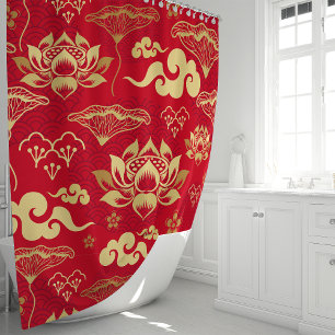 Rideaux De Douche Motif Oriental Floral Lotus Rouge et Or