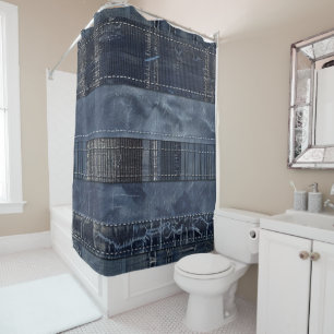 Rideaux De Douche Motif Patchwork en Denim Indigo Rustique