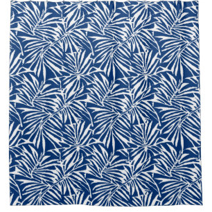 Rideaux De Douche Motif Répétant de feuille tropicale blanche et ble