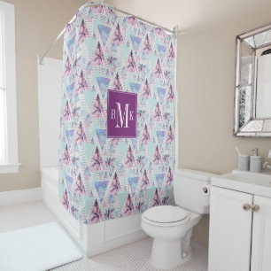 Rideaux De Douche Motif rose et bleu d'aquarelle de palmier