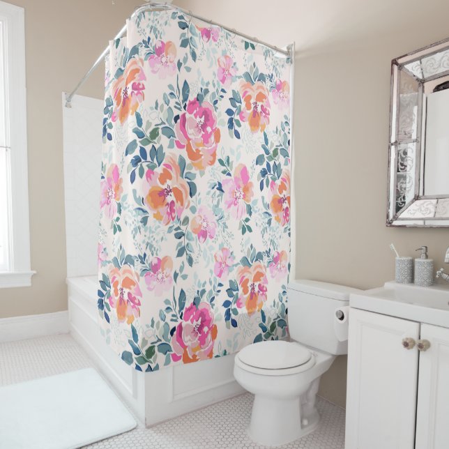 Rideaux De Douche Motif rose et Turquoise (En situation)