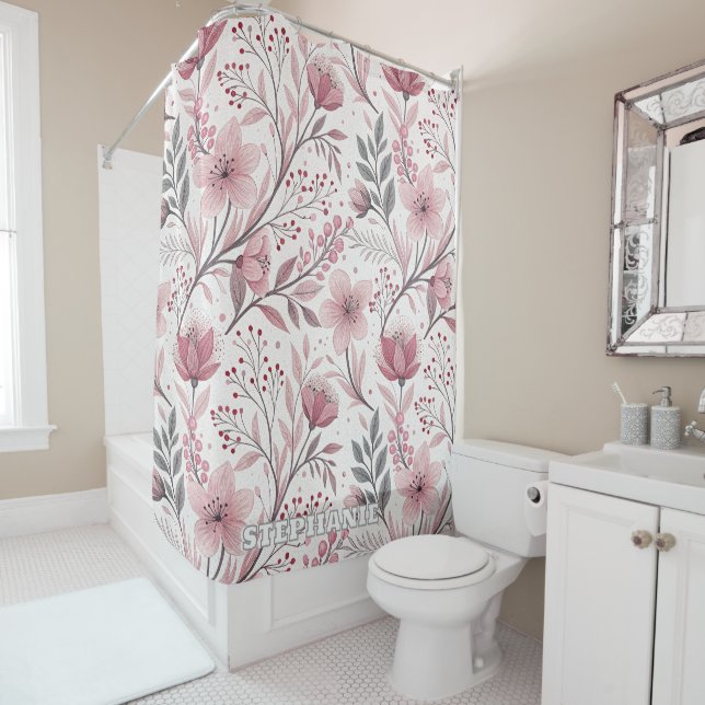 Rideaux De Douche Motif Sakura en fleurs de cerises roses sur blanc  (En situation)