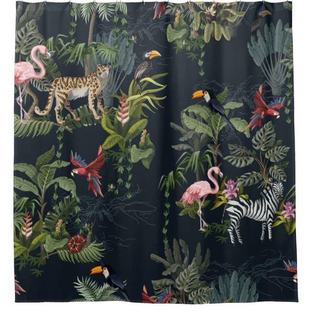 Rideaux De Douche Motif sans couture avec animaux de la jungle, fleu (Devant)