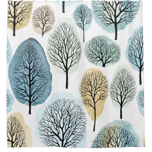 Rideaux De Douche Motif sans couture avec arbres dessinés à la main  (Devant)