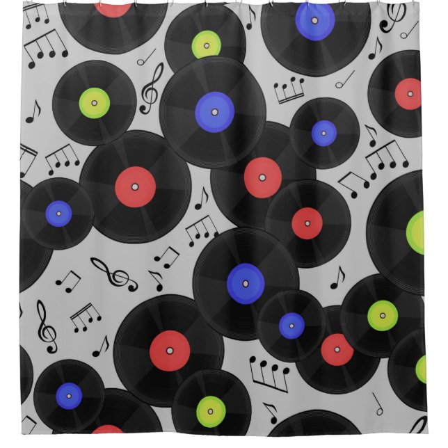 Rideaux De Douche Motif sans couture avec disques vinyles et notes. (Devant)
