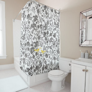 Rideaux De Douche Motif tendance gris-jaune et blanc d'oiseaux flora