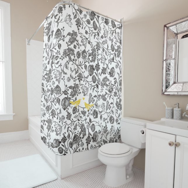 Rideaux De Douche Motif tendance gris-jaune et blanc d'oiseaux flora (En situation)