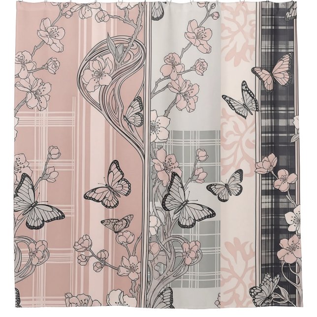 Rideaux De Douche Motif toile de fond botanique papillon vintage (4) (Devant)