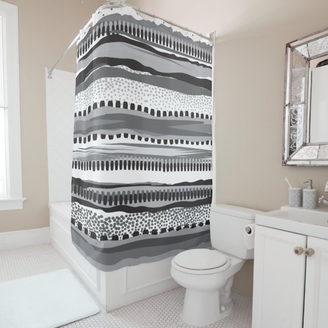 Rideaux De Douche Motif tribal noir gris et blanc (En situation)