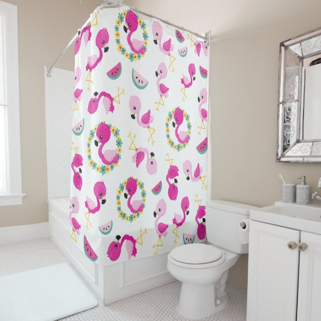 Rideaux De Douche Motif tropical, Flamants roses, pastèques, Fleurs (En situation)